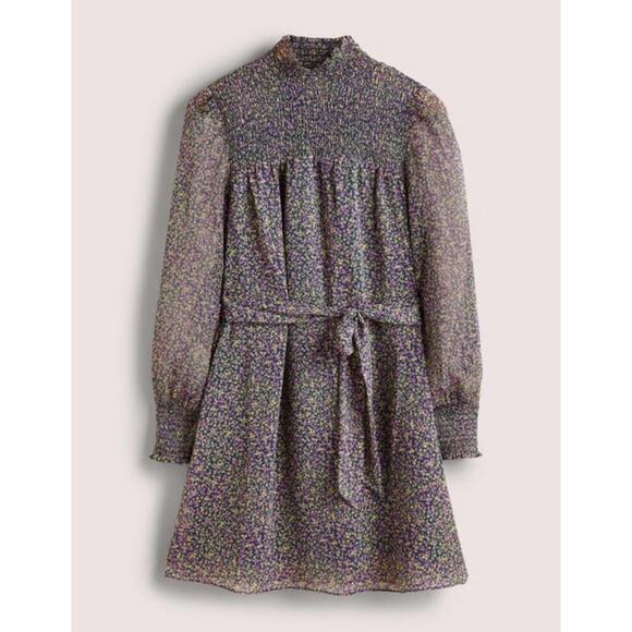 BODEN Smocked Yoke Floral Metallic Tie Waist Long Sleeve Mock Neck Dress 8 - Picture 6 of 16
